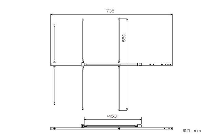カメラネジ対応260MHz帯3素子八木アンテナNY260X3CA外観図